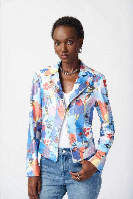 Joseph Ribkoff 241910 Multi Face Print Faux Suede Lapel Collar Moto Long Sleeve Jacket