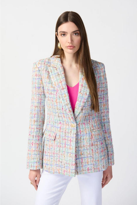 Joseph Ribkoff Style 241927 Multi Plaid Bouclé One-Button Blazer Jacket