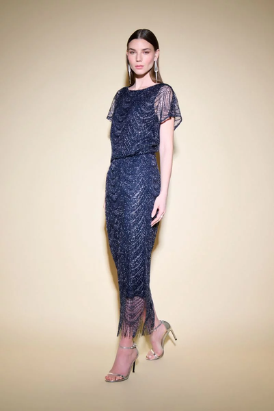 Joseph Ribkoff Navy/Silver Glittered Lace Overlay Fringed Hem Maxi