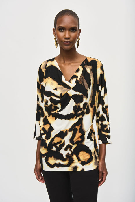 Joseph Ribkoff Style 243310 Off-White/Multi Animal Print Cowl Neck 3/4 Sleeve Tunic Top