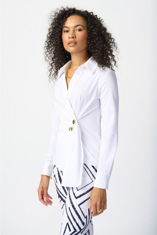 Joseph Ribkoff Style 241181 Optic White Pleated Wrap Front Long Sleeve Blouse