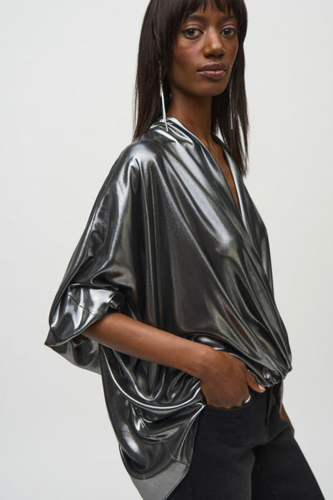 Joseph Ribkoff Pewter Metallic Foiled Chiffon Blouson Top 244232