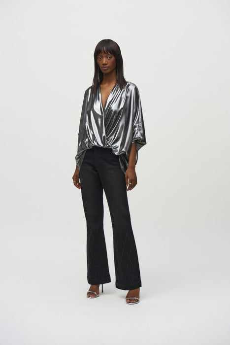 Joseph Ribkoff Pewter Metallic Foiled Chiffon Blouson Top 244232