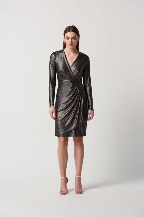 Joseph Ribkoff Style 234124 Pewter Metallic Pleated Faux Wrap Sheath Dress