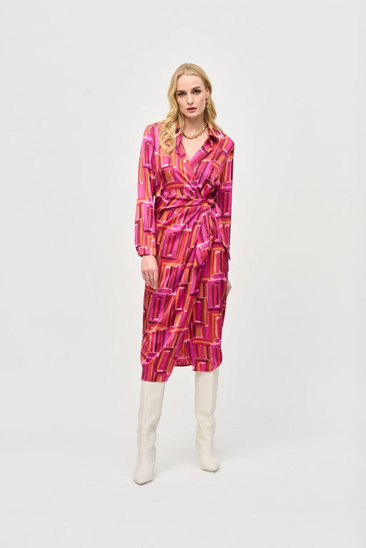 Joseph Ribkoff Style 243182 Pink/Multi Geometric Print Satin Midi Wrap Dress