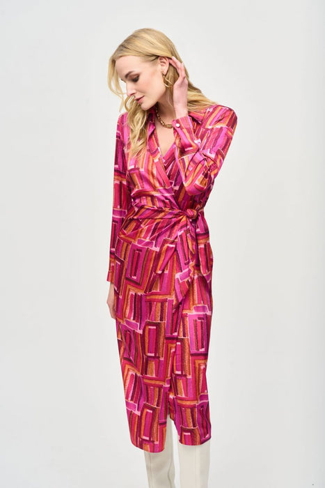 Joseph Ribkoff Pink/Multi Geometric Print Satin Midi Wrap Dress 243182