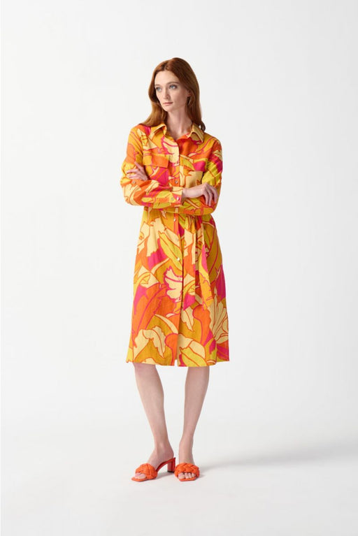 Joseph Ribkoff Style 242912 Pink/Multi Tropical Print Linen Blend Belted Shirt Dress