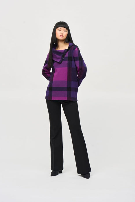 Joseph Ribkoff Empress/Mystic/Black Plaid Pattern Zipped Cowl Neck Sweater Top 243943