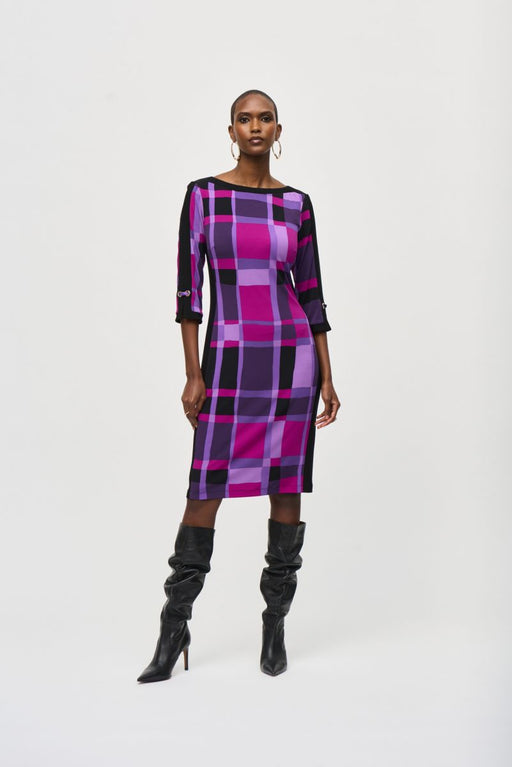 Joseph Ribkoff Style 243301 Purple/Black Geometric Print 3/4 Sleeve Sheath Dress