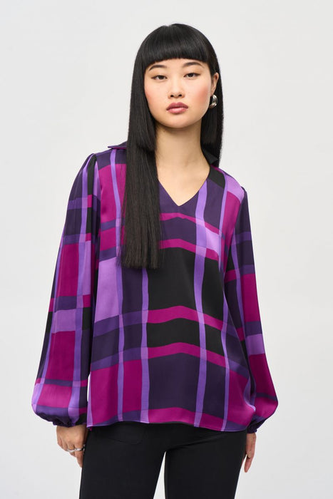 Joseph Ribkoff Style 243058 Purple/Black Plaid Puff Sleeve Satin Top