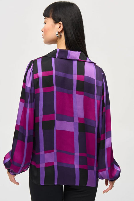 Joseph Ribkoff Purple/Black Plaid Puff Sleeve Satin Top 243058