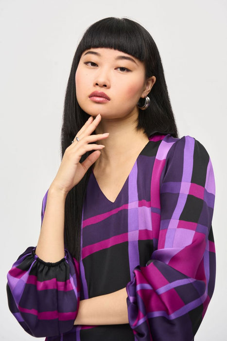 Joseph Ribkoff Purple/Black Plaid Puff Sleeve Satin Top 243058