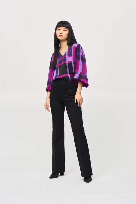 Joseph Ribkoff Purple/Black Plaid Puff Sleeve Satin Top 243058