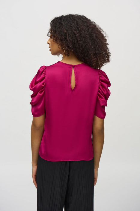 Joseph Ribkoff Rich Berry Crew Neck Shirred Sleeve Satin Top 244023