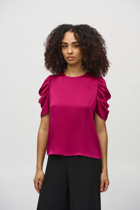 Joseph Ribkoff 244023 Rich Berry Crew Neck Shirred Sleeve Satin Top