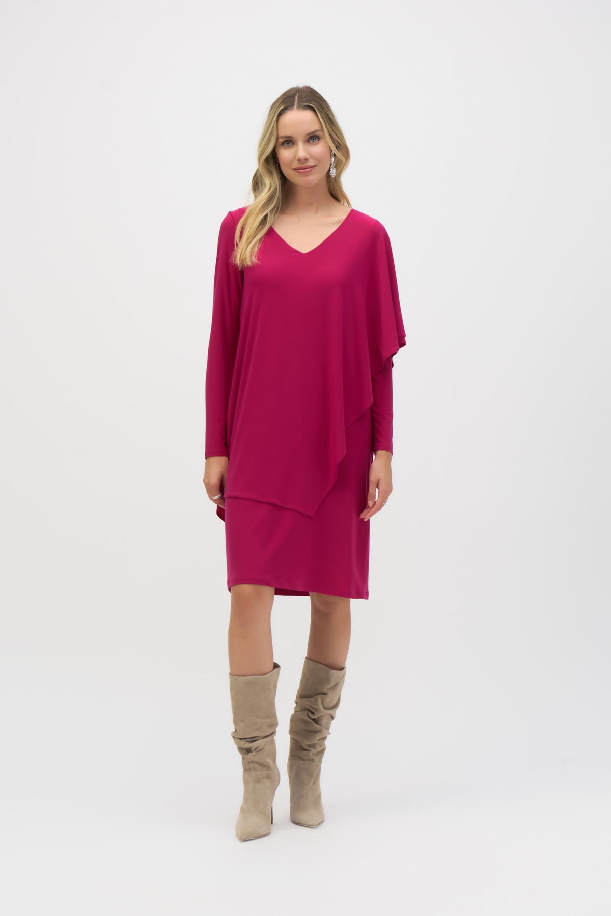 Joseph Ribkoff Draped Overlay V-Neck Shift Dress 244040 — AfterRetail