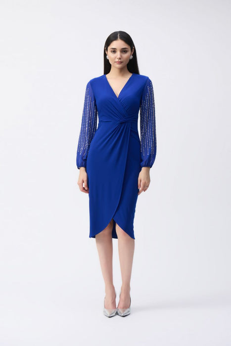 Joseph Ribkoff Style 243726 Royal Sapphire Beaded Puff Sleeve Wrap Front Sheath Dress