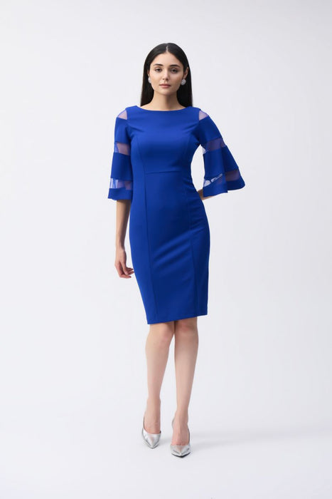 Joseph Ribkoff Style 243733 Royal Sapphire Mesh Insert Bell Sleeve Boat Neck Sheath Dress