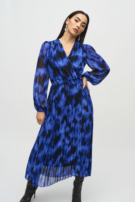 Joseph Ribkoff Royal Sapphire/Multi Abstract Pleated Chiffon Maxi Dress 244924