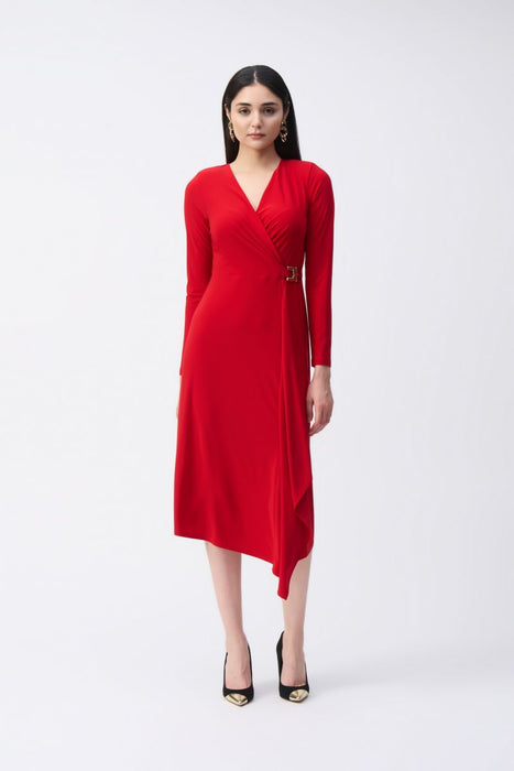 Joseph Ribkoff Style 243282 Lipstick Red Ruffled Long Sleeve Faux Wrap Midi Dress