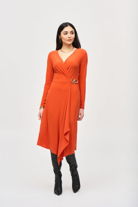 Joseph Ribkoff Style 243282 Lava Ruffled Long Sleeve Faux Wrap Midi Dress