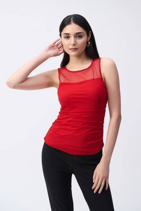 Joseph Ribkoff 243104 Lipstick Red Ruched Mesh Sleeveless Tank Top