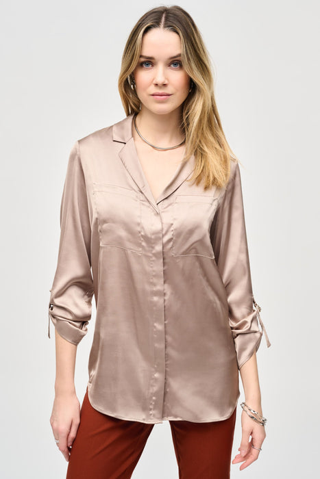 Joseph Ribkoff Style 243919 Dune Satin Button-Down Roll-Tab Satin Blouse