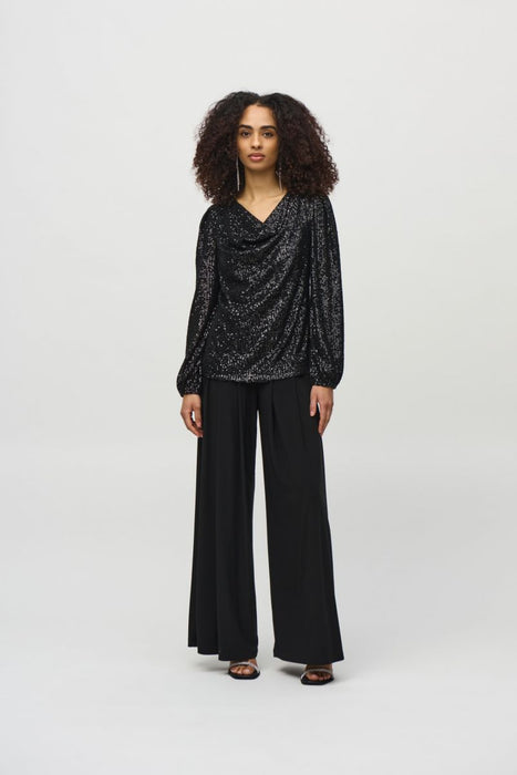 Joseph Ribkoff Sequined Cowl Neck Long Puff Sleeves Top 244917