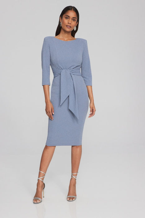 Joseph Ribkoff Style 241728 Serenity Blue/Silver Waist Tie 3/4 Sleeve Fitted Sheath Dress