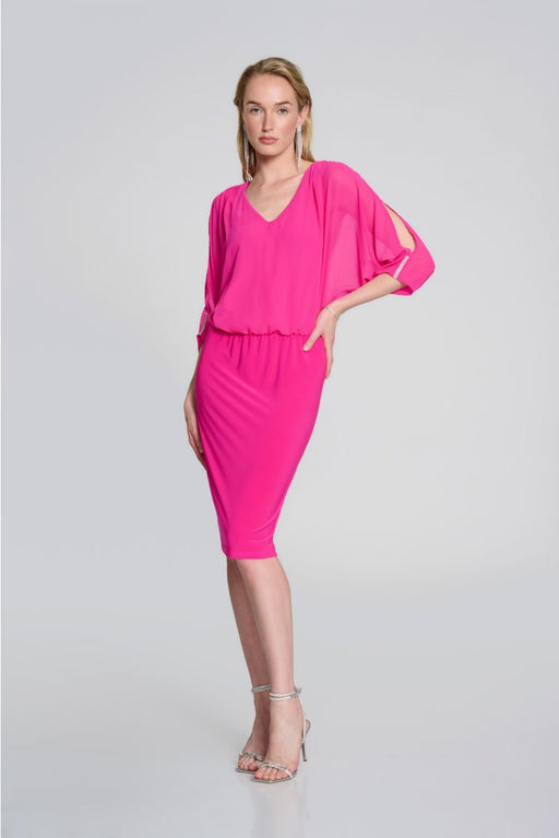 Joseph Ribkoff Style 242728 Shocking Pink Embellished Slit Sleeve Blouson Sheath Dress