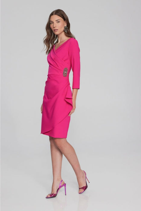 Joseph Ribkoff Style 241705 Shocking Pink Pleated Embellished Faux Wrap Sheath Dress