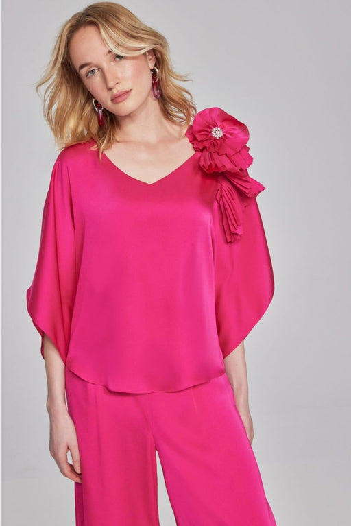 Joseph Ribkoff Style 241767 Shocking Pink Pleated Rosette Detail V-Neck Satin Top