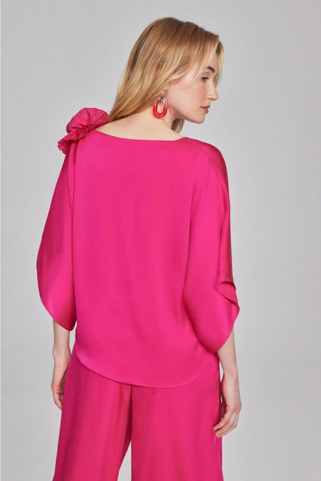 Joseph Ribkoff Shocking Pink Pleated Rosette Detail V-Neck Satin Top 241767