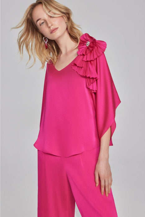 Joseph Ribkoff Shocking Pink Pleated Rosette Detail V-Neck Satin Top 241767