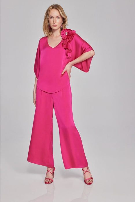 Joseph Ribkoff Shocking Pink Pleated Rosette Detail V-Neck Satin Top 241767