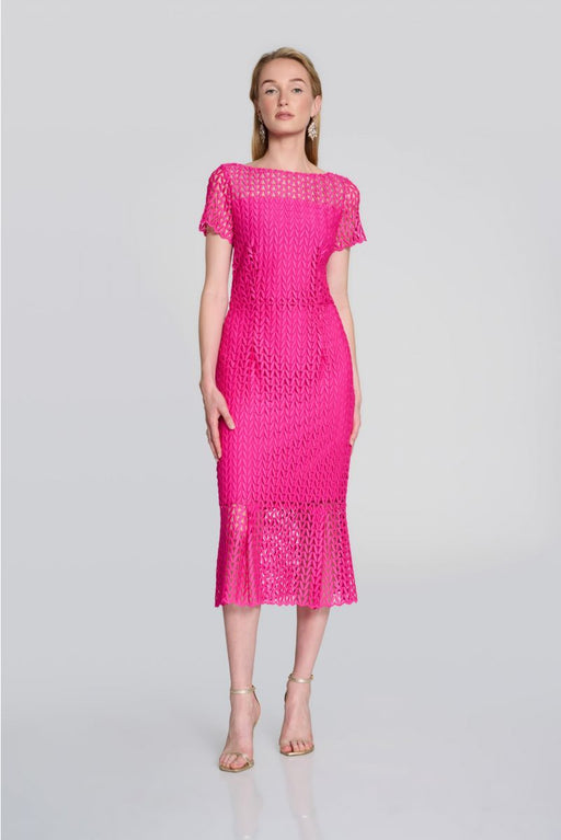 Joseph Ribkoff Style 242704 Shocking Pink Short Sleeve Lace Party Midi Trumpet Dress