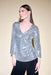 Joseph Ribkoff Style 234701 Silver Grey/Silver Sequined V-Neck 3/4 Slit Sleeve Top