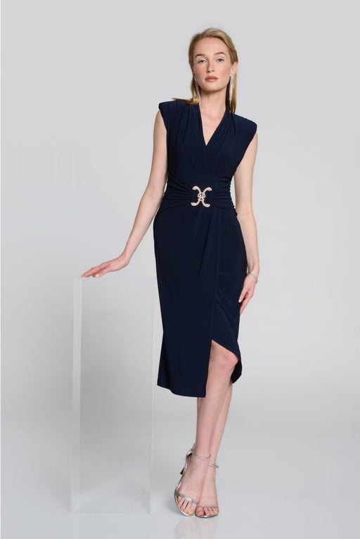 Joseph Ribkoff 242711 Midnight Blue Sleeveless Faux Wrap Sheath Dress