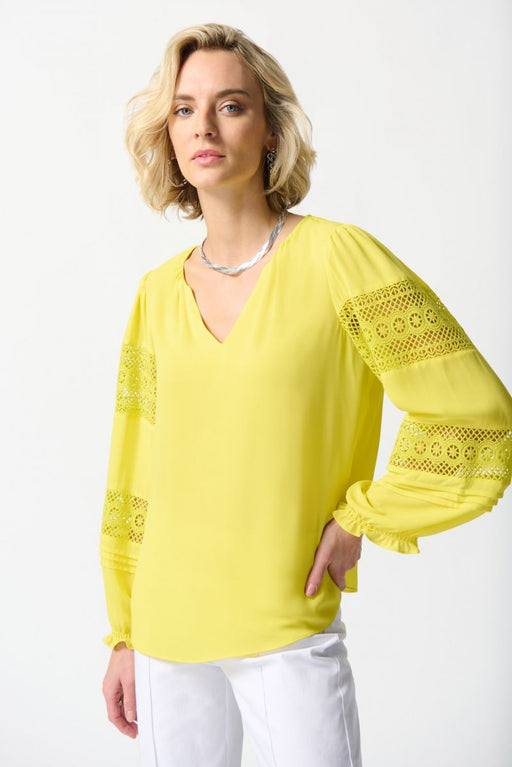 Joseph Ribkoff Style 242124 Sunlight V-Neck Lace Detail Sleeve Relaxed Blouse