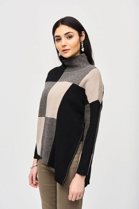 Joseph Ribkoff Style 243944 Taupe Melange/Black Color Block Pullover Sweater Top