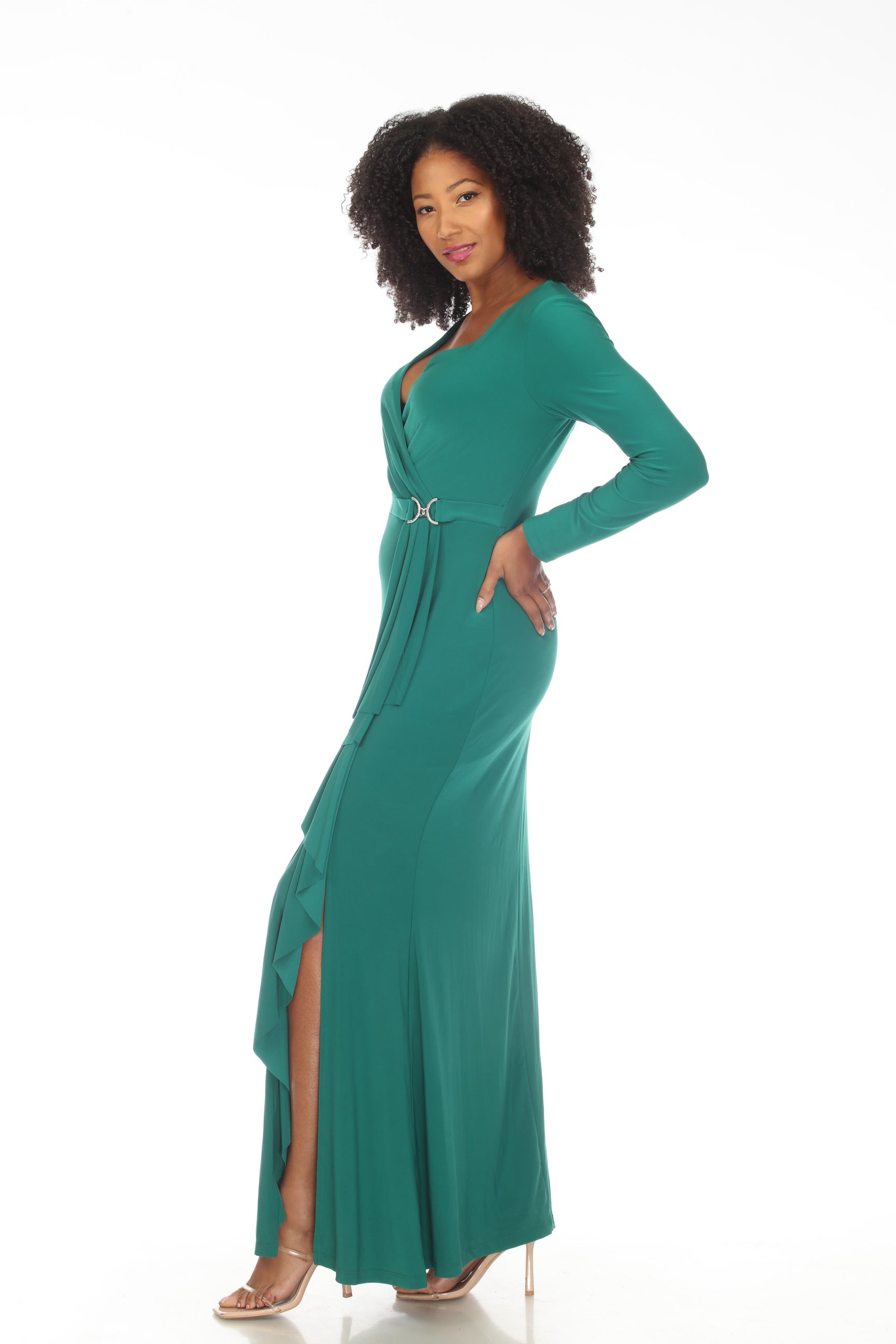 Joseph Ribkoff True Emerald Green Faux Wrap Frilled Long Dress 233788 ...