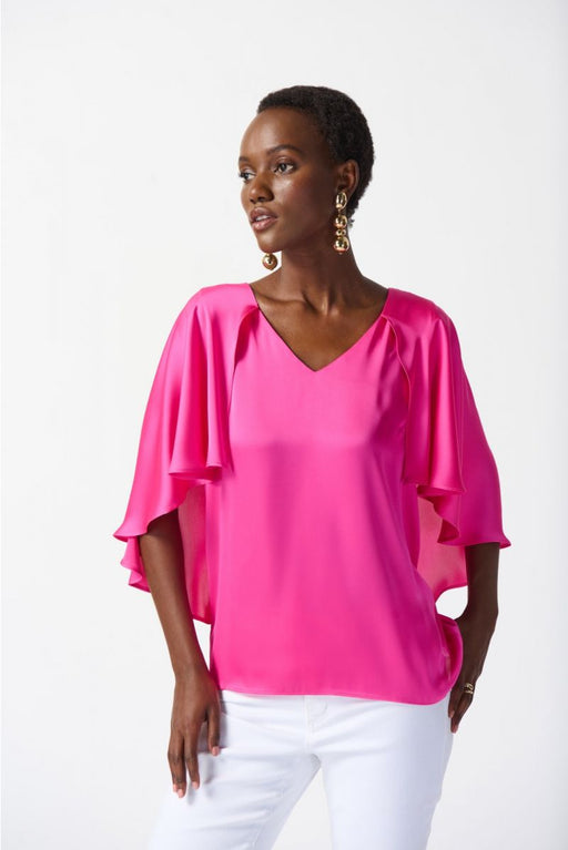 Joseph Ribkoff Style 242202 Ultra Pink Flowy Satin Cape Sleeve V-Neck Top