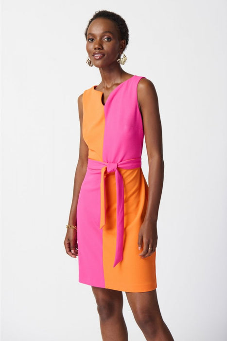 Joseph Ribkoff Ultra Pink/Mandarin Color Block Belted Sleeveless Sheath Dress 241193