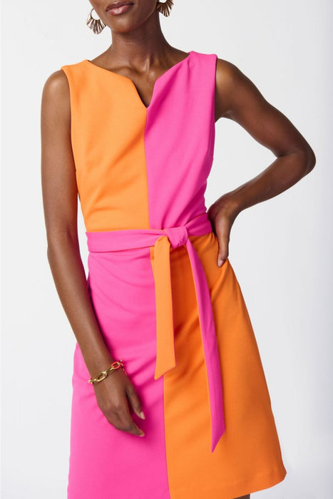 Joseph Ribkoff Ultra Pink/Mandarin Color Block Belted Sleeveless Sheath Dress 241193