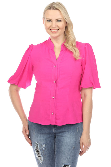 Joseph Ribkoff Style 241035 Ultra Pink Pearl Button-Down Puff Sleeve Blouse