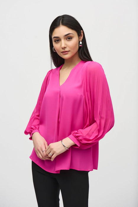 Joseph Ribkoff Style 241173 Ultra Pink Pleated Chiffon Sleeves V-Neck Blouse