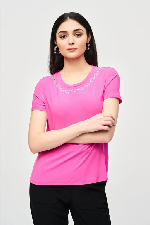 Joseph Ribkoff Style 241019 Ultra Pink Rhinestone Detail Short Sleeve T-Shirt Top