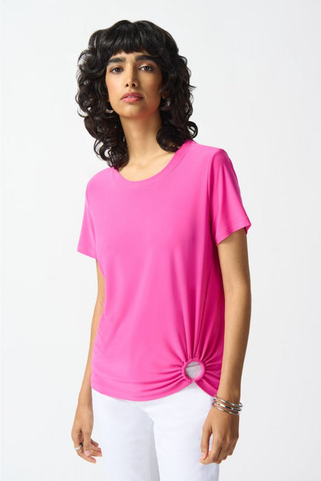 Joseph Ribkoff Style 242199 Ultra Pink Ruched Ring Detail Short Sleeve Crew Neck Top