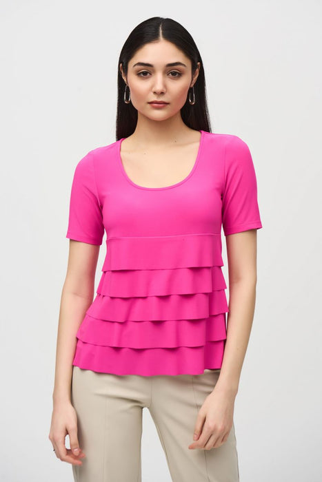 Joseph Ribkoff Style 242214 Ultra Pink Tiered Ruffles Scoop Neck Short Sleeve Top