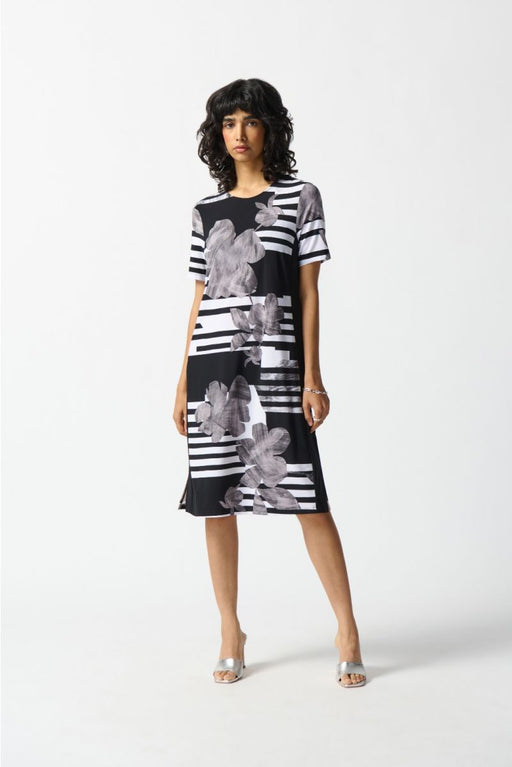 Joseph Ribkoff 242118 Vanilla/Black Floral Stripe Print Dress